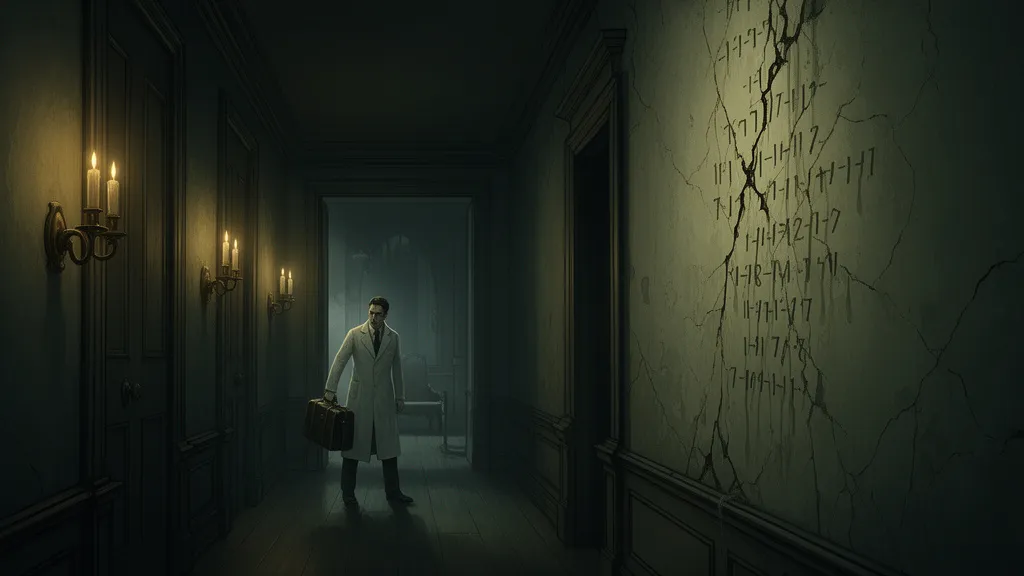 A doctor stands in a dark manor hallway beside a wall marked with faint tally lines.