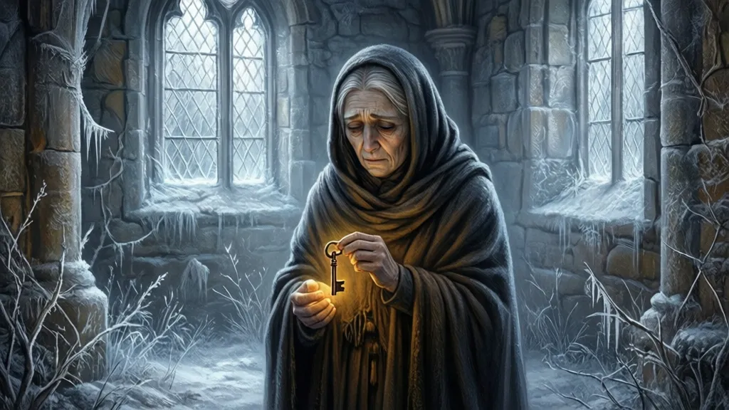 A widow holds a brass key inside a frost-covered chapel.