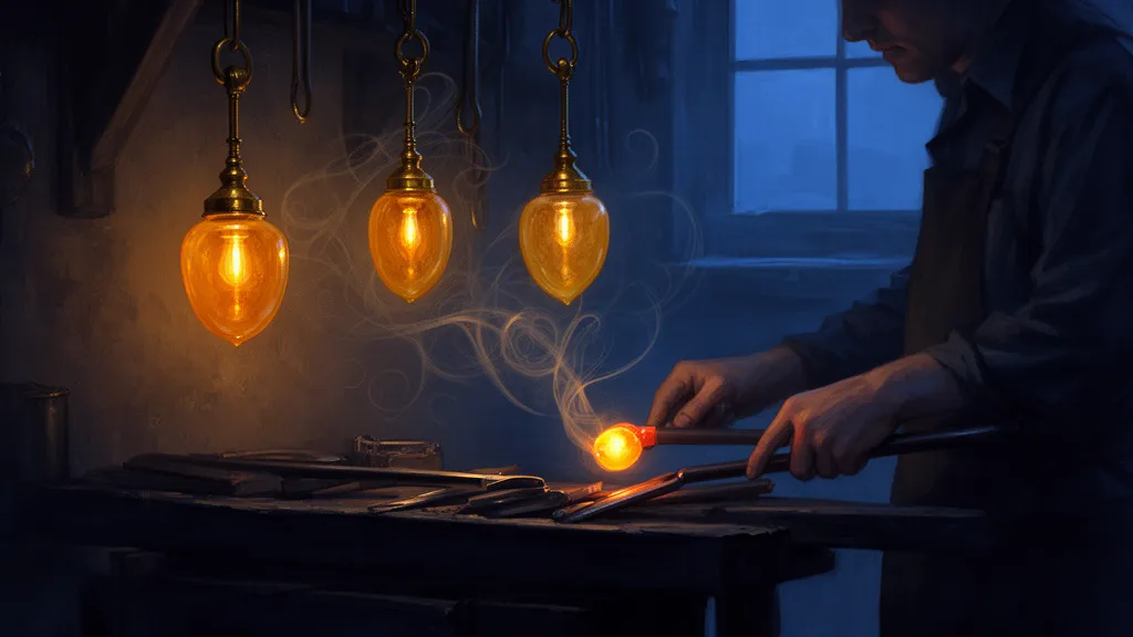 Three amber glass lamps hang in a dark workshop at dusk.