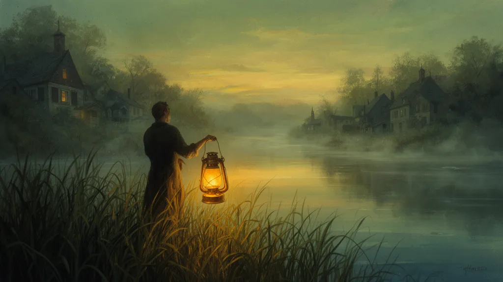 Ein Mann steht in Schilf an einem ruhigen Fluss und hält in der Dämmerung eine leuchtende Laterne.
