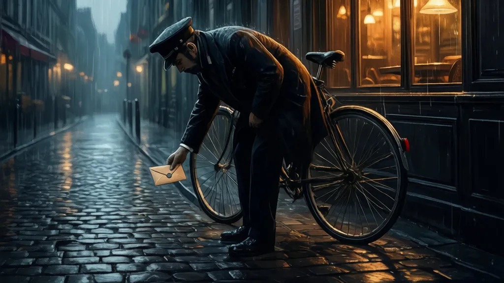 A courier picks up a damp envelope on a rainy cobblestone street near a lit café window.