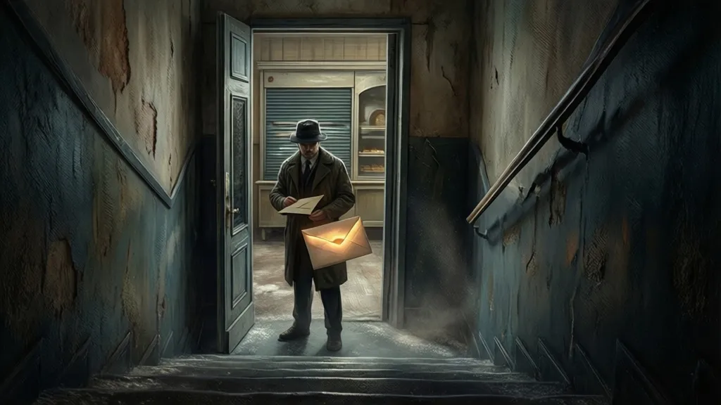 A person stands in a dark doorway holding a sealed envelope inside a shuttered bakery.