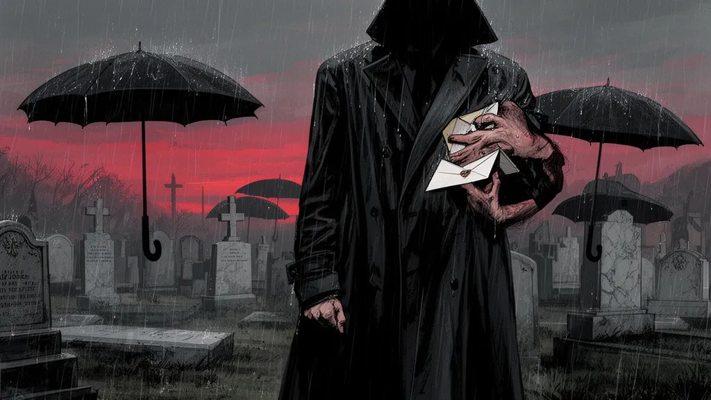 A man stands in a rainy cemetery holding an envelope at a funeral.