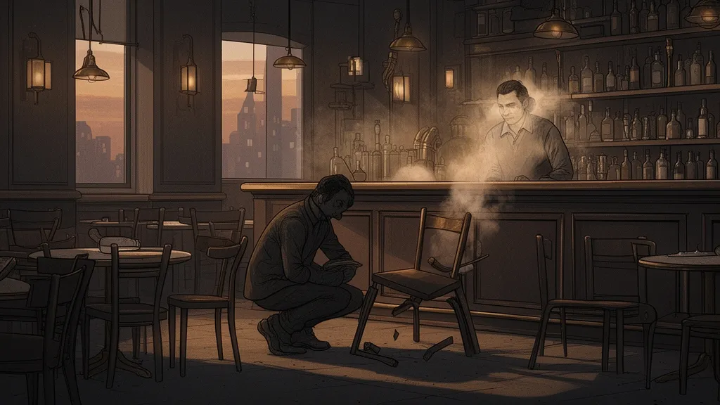 A person crouches beside a chair in a quiet café while a barman stands behind the counter.