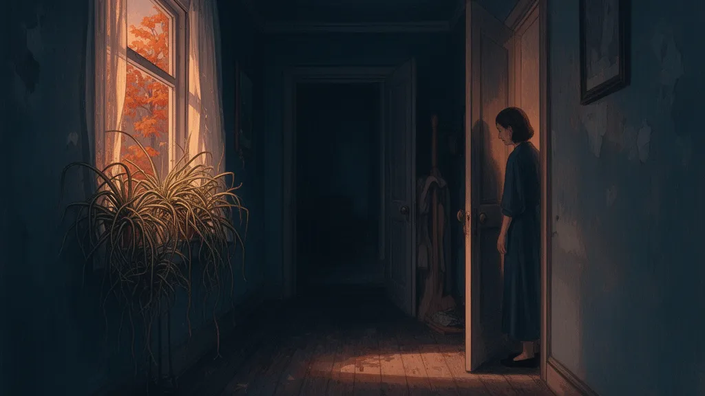 A woman stands in the doorway of a dim, dusty apartment beside a spider plant by the window.