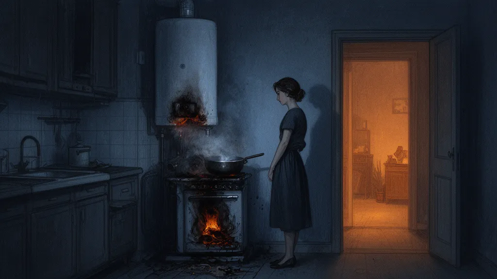 Eine Frau steht in einer dunklen Küche neben einem angebrannten Topf und einem kaputten Boiler.