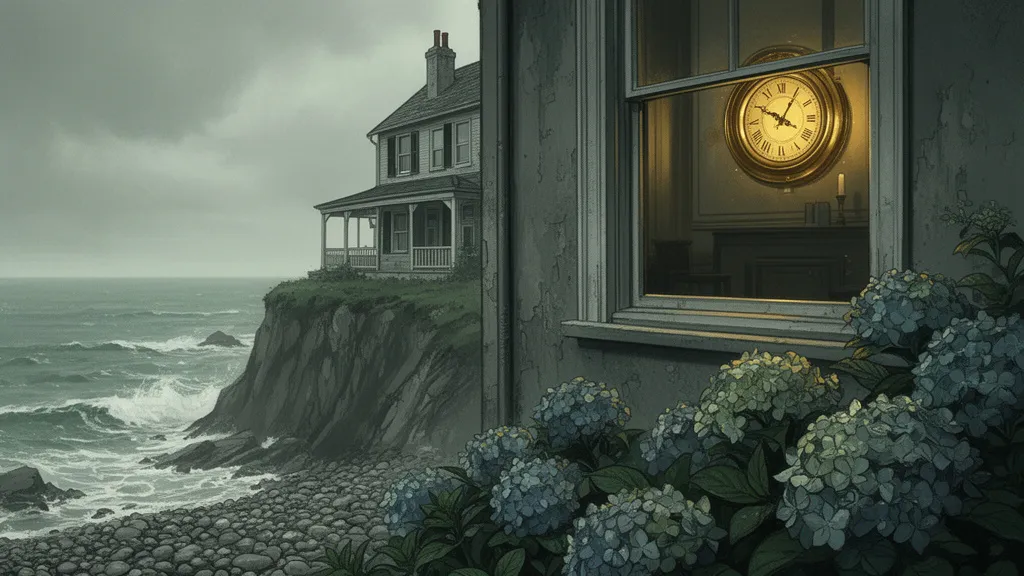 Eine verwitterte Pension am Meer mit einer Messinguhr, die im Fenster nahe dem Meer leuchtet.