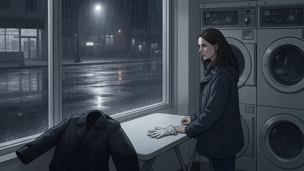 A woman stands in a laundromat beside an open jacket and a pale glove in the rain.