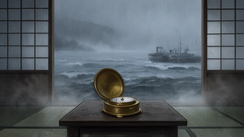 A brass clock on a table in a dim seaside guesthouse with rain and sea mist outside.