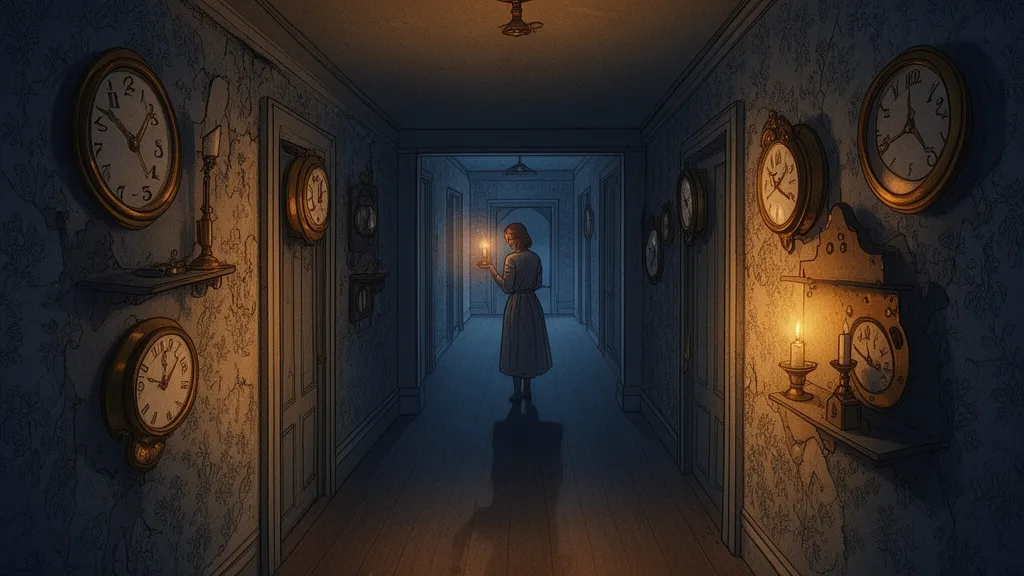 A woman holds a candle in a dim hallway lined with several clocks.