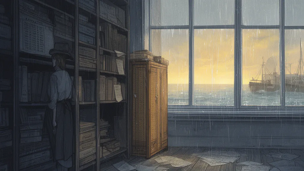 A lone archivist stands in a rainy old archive beside shelves of files and a wooden crate.