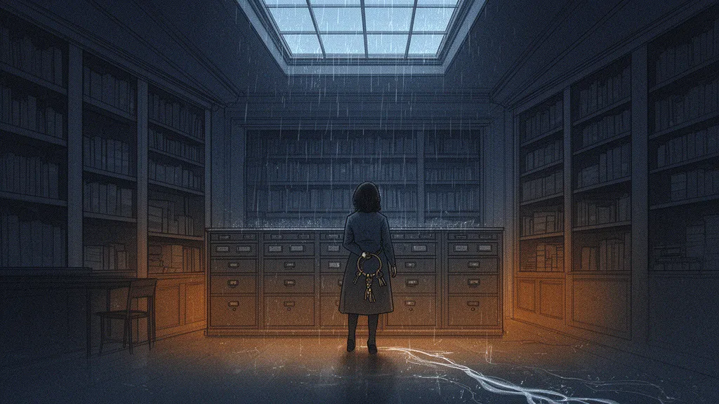 A librarian stands in a rainy archive room beside old catalogue drawers.